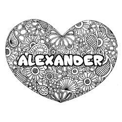 Coloriage prénom ALEXANDER - décor Mandala coeur