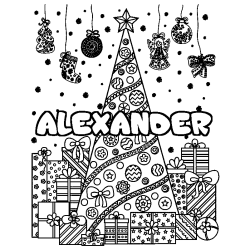 Coloriage prénom ALEXANDER - décor Sapin et Cadeaux