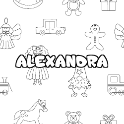 Coloriage pr&eacute;nom ALEXANDRA - d&eacute;cor Jouets