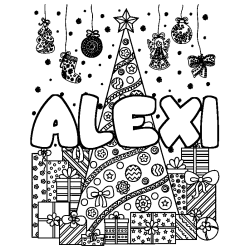Coloriage prénom ALEXI - décor Sapin et Cadeaux