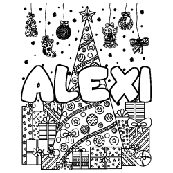 Coloriage pr&eacute;nom ALEXI - d&eacute;cor Sapin et Cadeaux