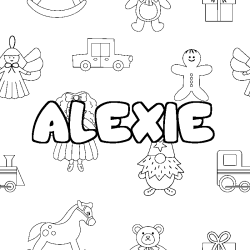 Coloriage pr&eacute;nom ALEXIE - d&eacute;cor Jouets
