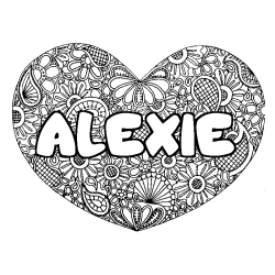 Coloriage prénom ALEXIE - décor Mandala coeur