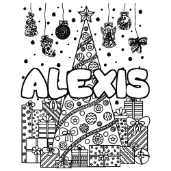 Coloriage prénom ALEXIS - décor Sapin et Cadeaux