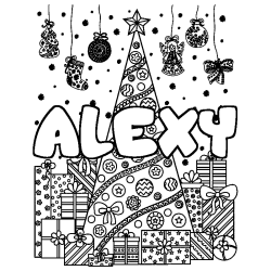 Coloriage prénom ALEXY - décor Sapin et Cadeaux