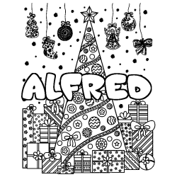 Coloriage pr&eacute;nom ALFRED - d&eacute;cor Sapin et Cadeaux