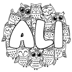 Coloriage pr&eacute;nom ALI - d&eacute;cor Chouettes