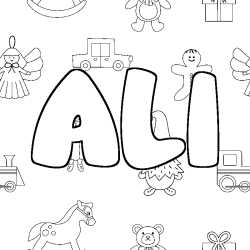 Coloriage pr&eacute;nom ALI - d&eacute;cor Jouets