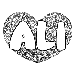 Coloriage pr&eacute;nom ALI - d&eacute;cor Mandala coeur