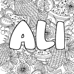 Coloriage pr&eacute;nom ALI - d&eacute;cor Mandala fruits