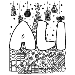 Coloriage pr&eacute;nom ALI - d&eacute;cor Sapin et Cadeaux