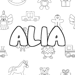 Coloriage prénom ALIA - décor Jouets
