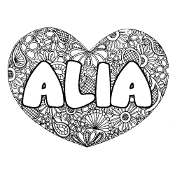 Coloriage prénom ALIA - décor Mandala coeur