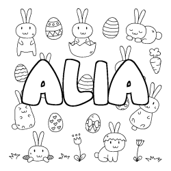 Coloriage pr&eacute;nom ALIA - d&eacute;cor Paques