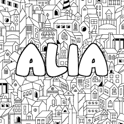 Coloriage pr&eacute;nom ALIA - d&eacute;cor Ville