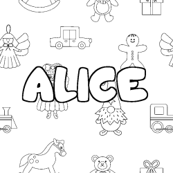 Coloriage prénom ALICE - décor Jouets