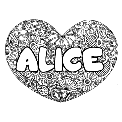 Coloriage prénom ALICE - décor Mandala coeur