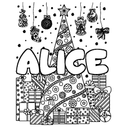 Coloriage prénom ALICE - décor Sapin et Cadeaux
