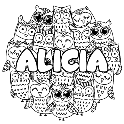 Coloriage prénom ALICIA - décor Chouettes