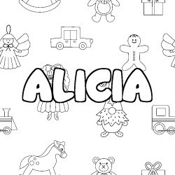 Coloriage prénom ALICIA - décor Jouets