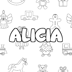 Coloriage pr&eacute;nom ALICIA - d&eacute;cor Jouets