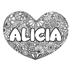 Coloriage pr&eacute;nom ALICIA - d&eacute;cor Mandala coeur