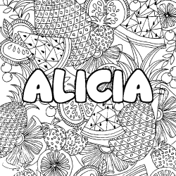 Coloriage prénom ALICIA - décor Mandala fruits