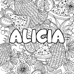 Coloriage pr&eacute;nom ALICIA - d&eacute;cor Mandala fruits