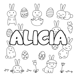 Coloriage pr&eacute;nom ALICIA - d&eacute;cor Paques