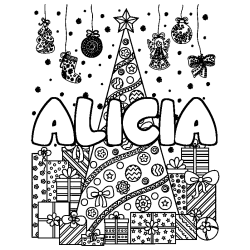 Coloriage prénom ALICIA - décor Sapin et Cadeaux