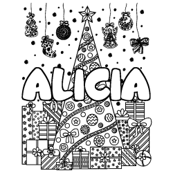 Coloriage pr&eacute;nom ALICIA - d&eacute;cor Sapin et Cadeaux