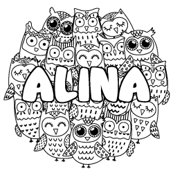 Coloriage prénom ALINA - décor Chouettes