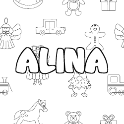 Coloriage prénom ALINA - décor Jouets