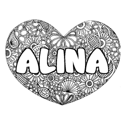 Coloriage pr&eacute;nom ALINA - d&eacute;cor Mandala coeur