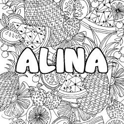 Coloriage pr&eacute;nom ALINA - d&eacute;cor Mandala fruits