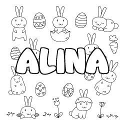Coloriage pr&eacute;nom ALINA - d&eacute;cor Paques