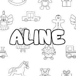 Coloriage pr&eacute;nom ALINE - d&eacute;cor Jouets