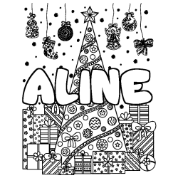 Coloriage pr&eacute;nom ALINE - d&eacute;cor Sapin et Cadeaux