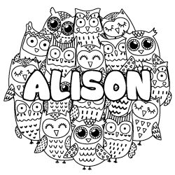 Coloriage prénom ALISON - décor Chouettes