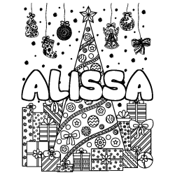 Coloriage prénom ALISSA - décor Sapin et Cadeaux