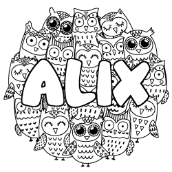 Coloriage prénom ALIX - décor Chouettes