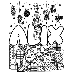 Coloriage prénom ALIX - décor Sapin et Cadeaux