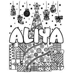 Coloriage prénom ALIYA - décor Sapin et Cadeaux