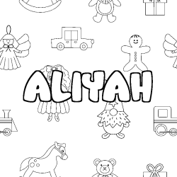 Coloriage pr&eacute;nom ALIYAH - d&eacute;cor Jouets