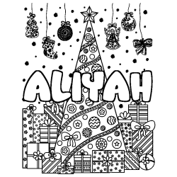 Coloriage pr&eacute;nom ALIYAH - d&eacute;cor Sapin et Cadeaux