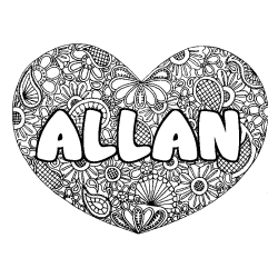Coloriage pr&eacute;nom ALLAN - d&eacute;cor Mandala coeur