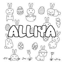 Coloriage pr&eacute;nom ALLIYA - d&eacute;cor Paques