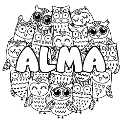 Coloriage pr&eacute;nom ALMA - d&eacute;cor Chouettes