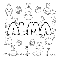 Coloriage pr&eacute;nom ALMA - d&eacute;cor Paques