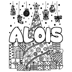 Coloriage prénom ALOIS - décor Sapin et Cadeaux